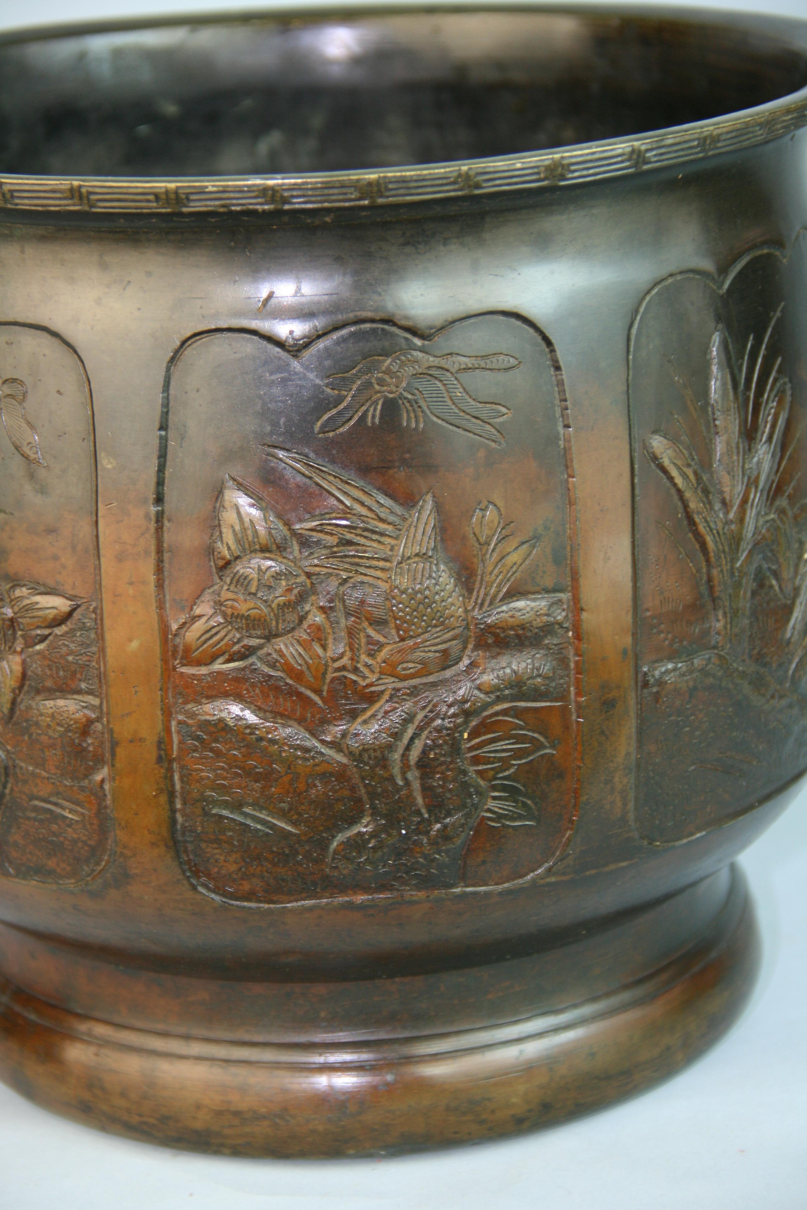 Early 20th Century Japanese Embossed Six Panel Bronze Planter /Urn For Sale
