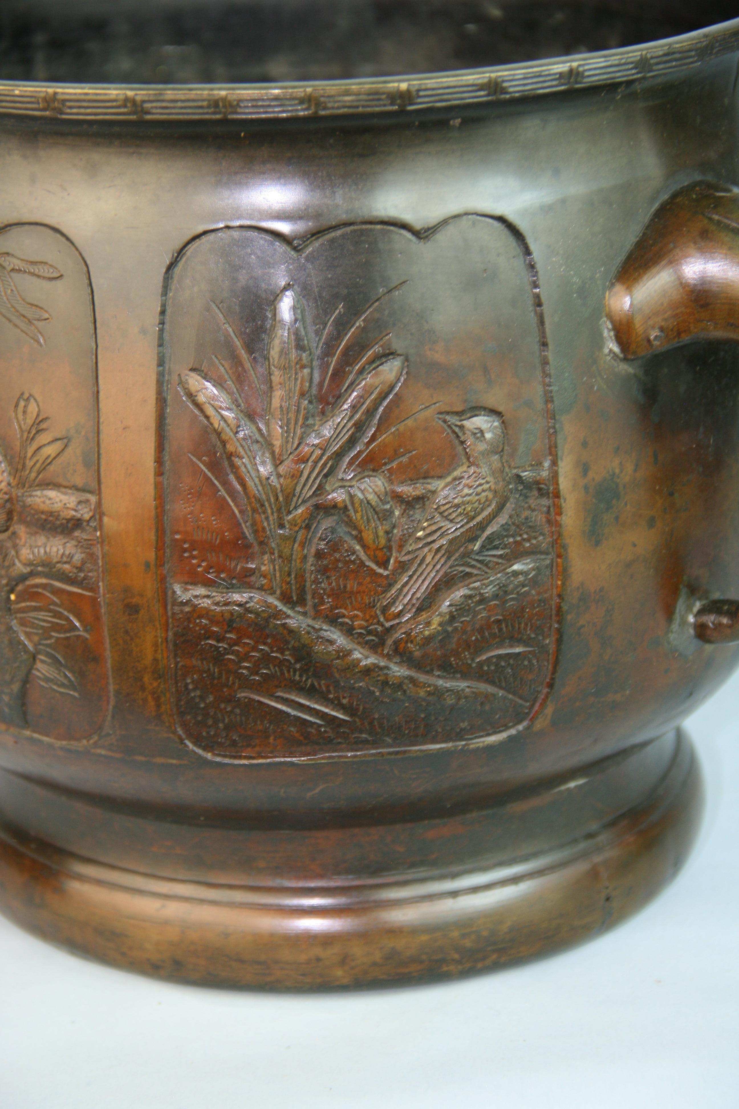 Japanese Embossed Six Panel Bronze Planter /Urn For Sale 1
