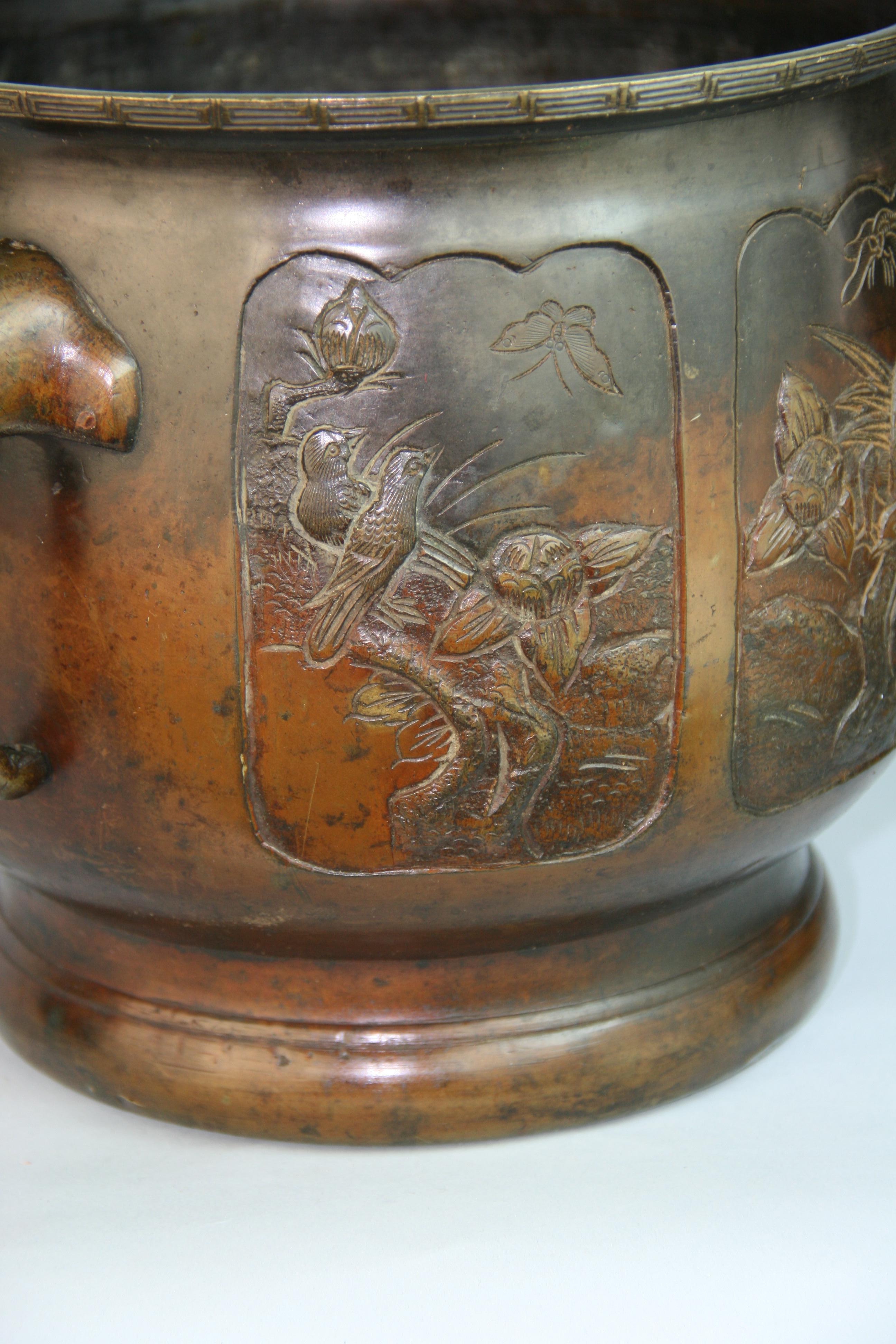 Japanese Embossed Six Panel Bronze Planter /Urn For Sale 3