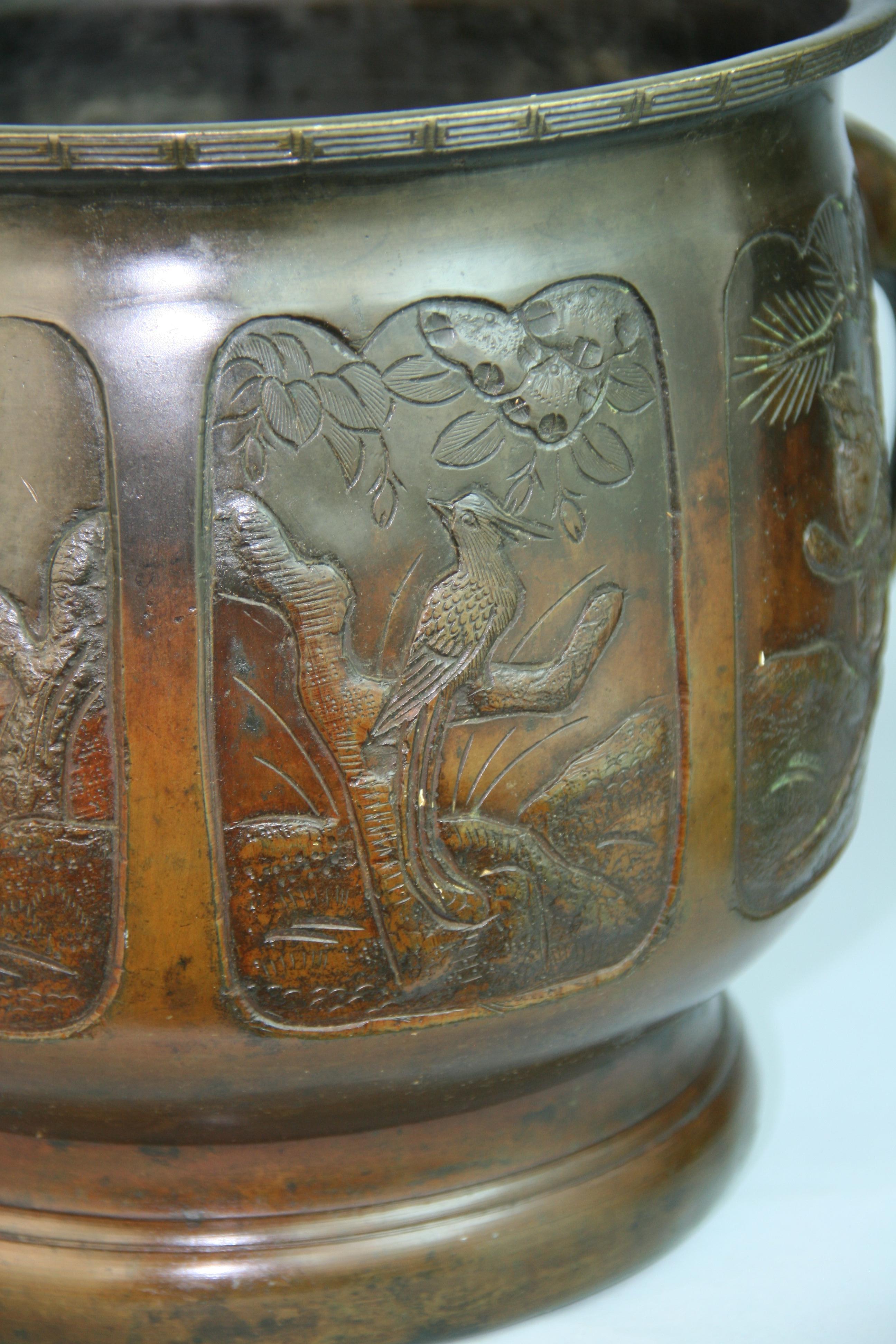 Japanese Embossed Six Panel Bronze Planter /Urn For Sale 5