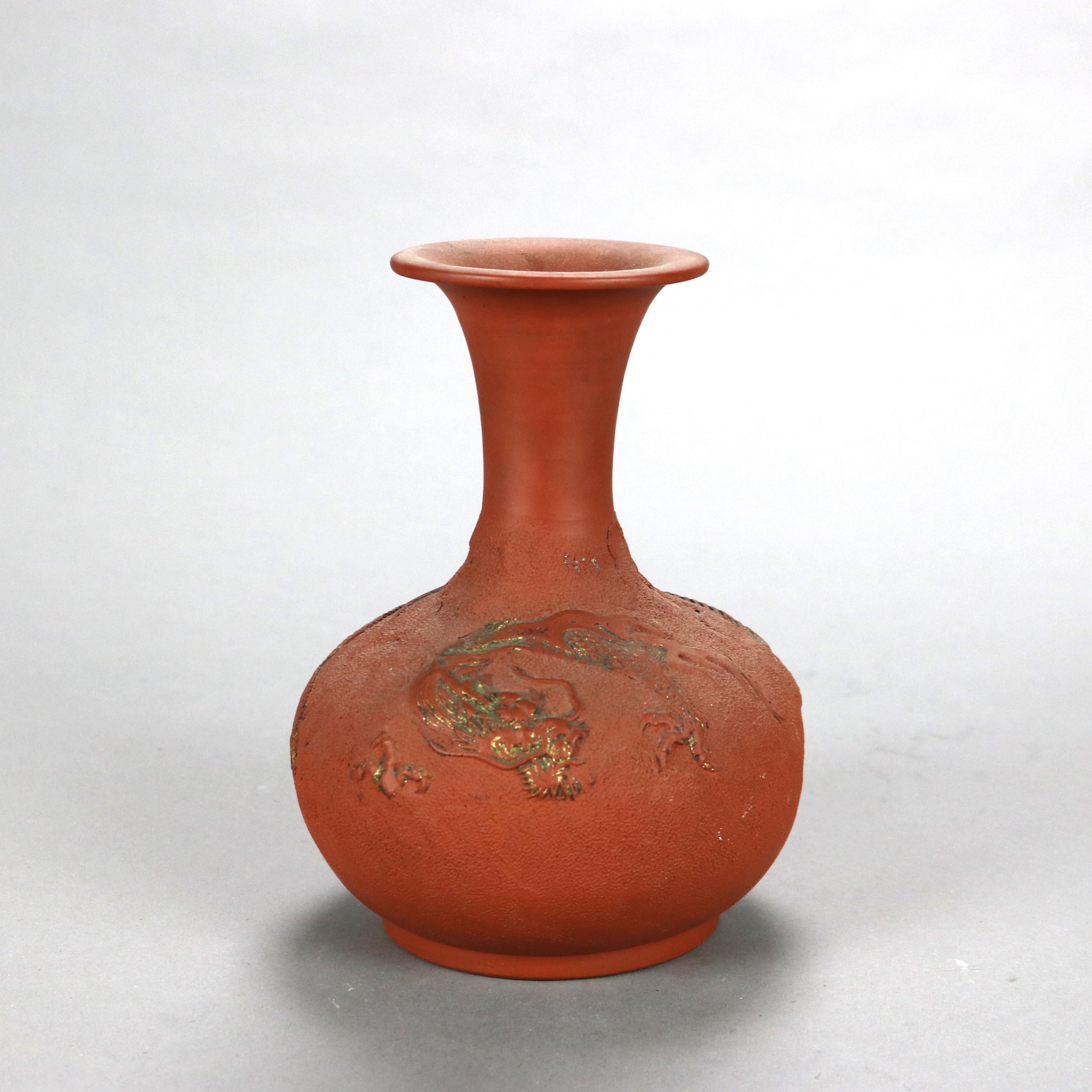 Japanese Embossed Terra Cotta Vase with Dragon C1930 In Good Condition For Sale In Big Flats, NY