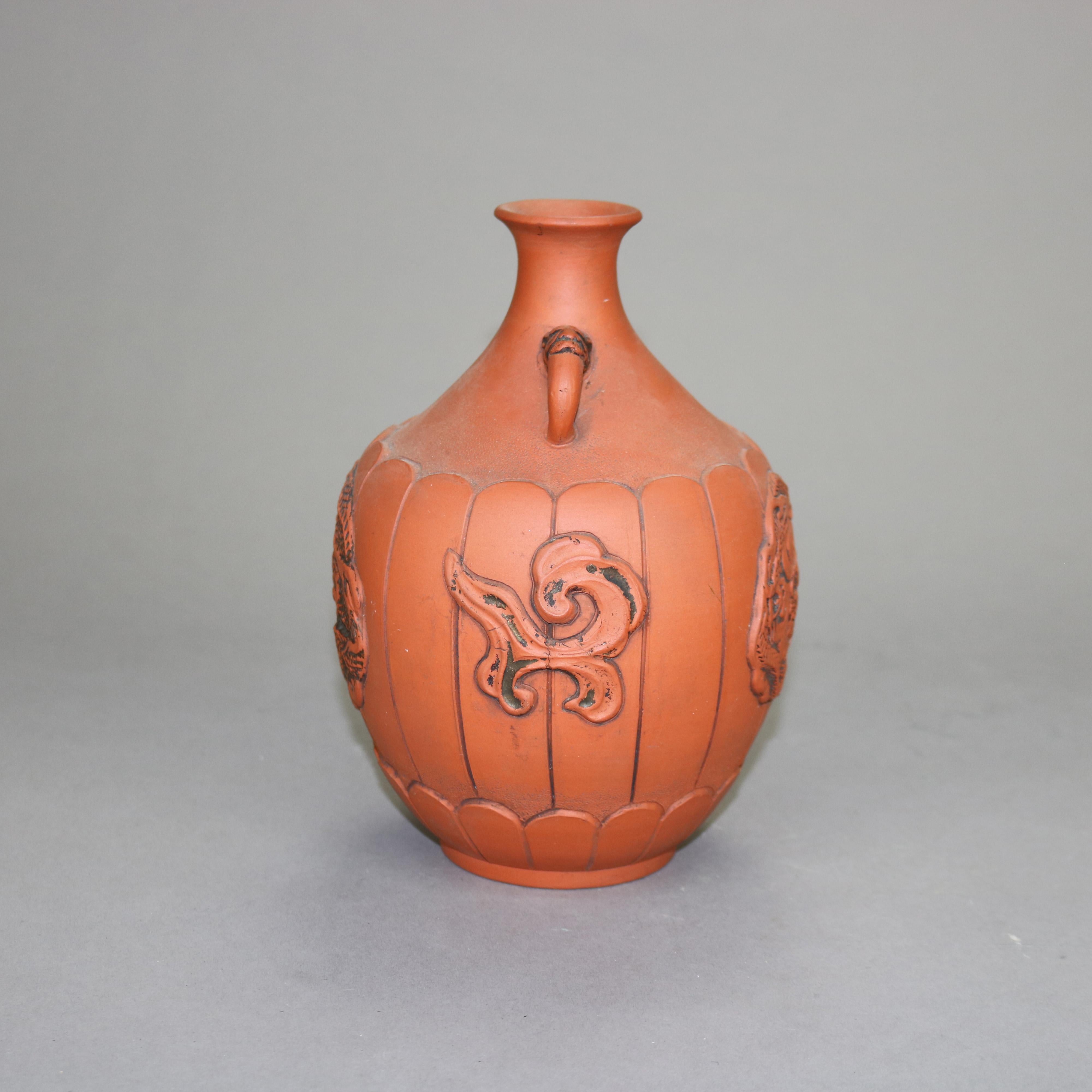 Japanese Embossed Terra Cotta Vase with Dragon & Handles C1930

Measures - 7.75