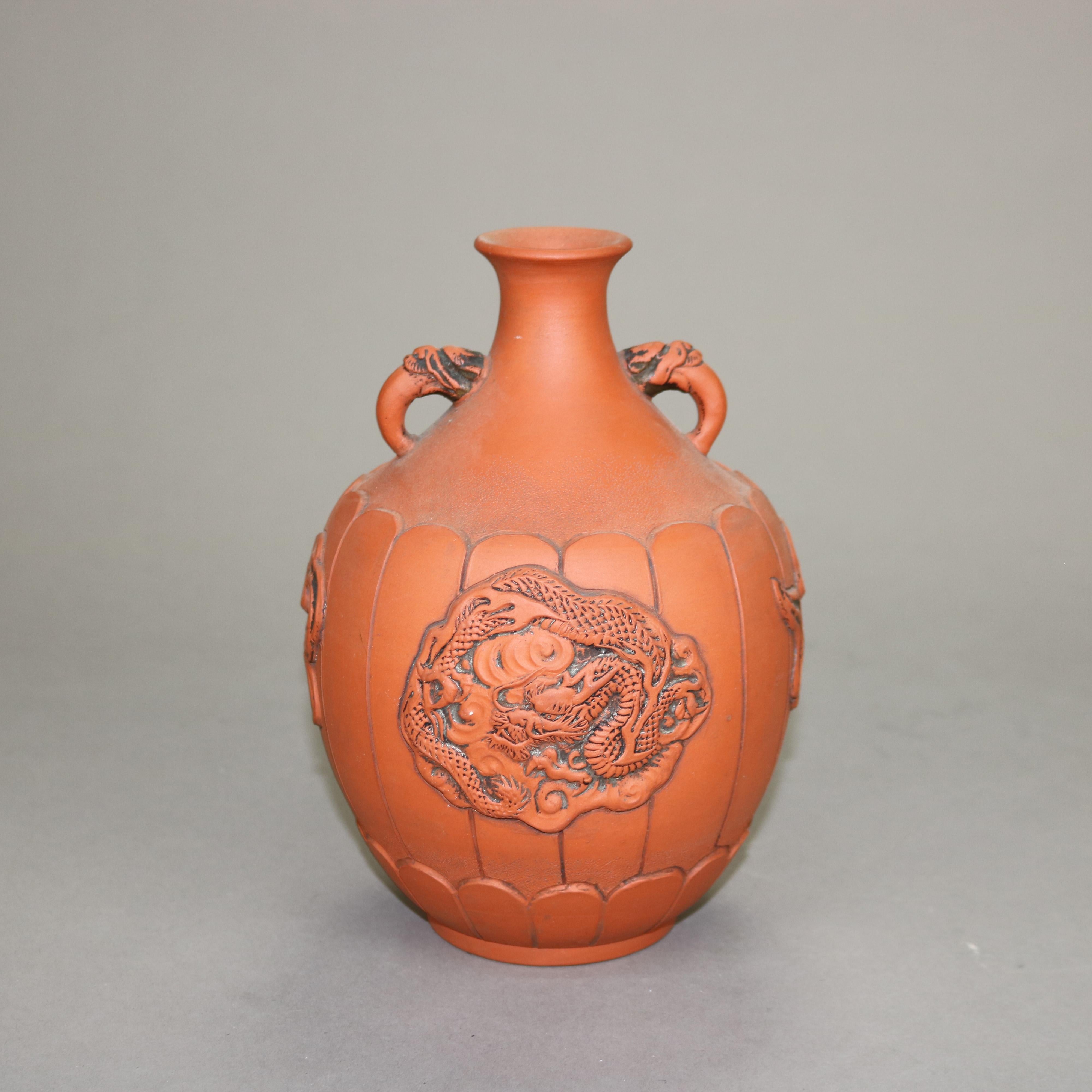 Japanese Embossed Terra Cotta Vase with Dragon & Handles C1930 In Good Condition For Sale In Big Flats, NY