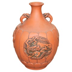 Japanese Embossed Terra Cotta Vase with Dragon & Handles C1930