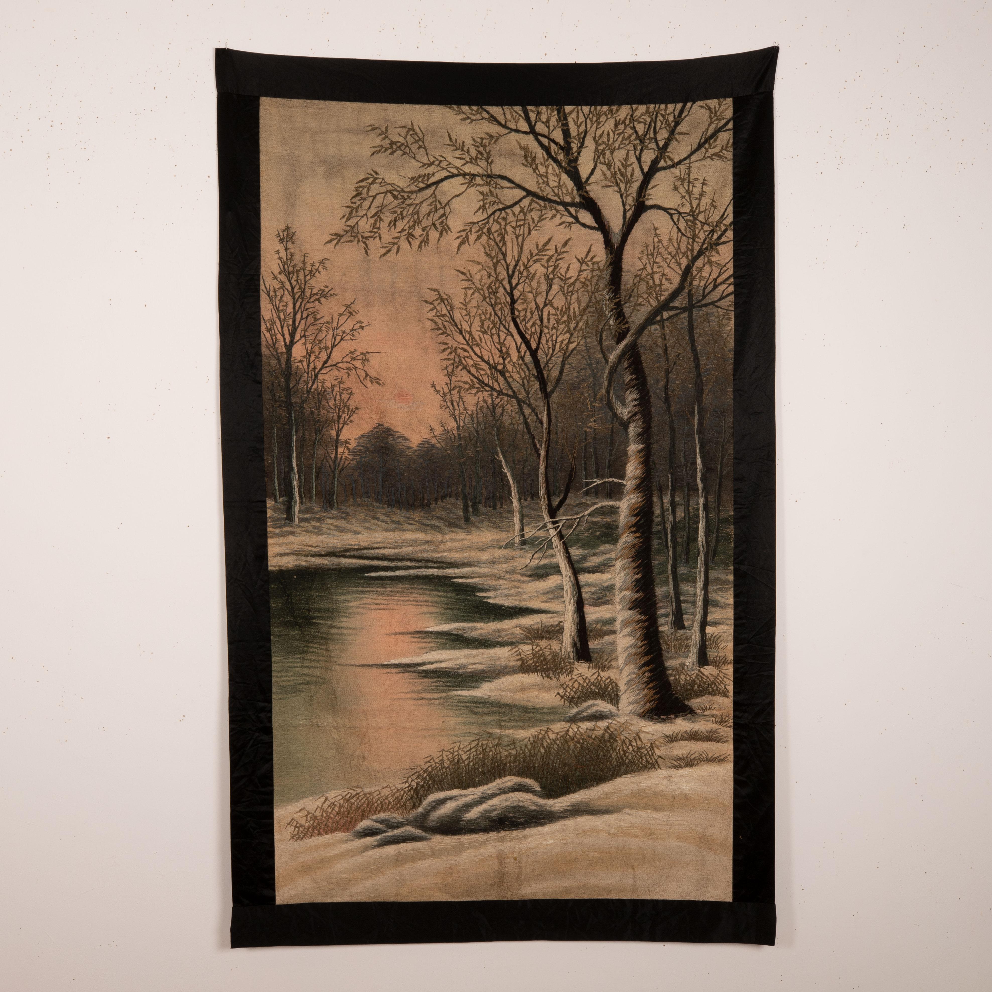 A finely done embroidered landscape hanging from Japan.