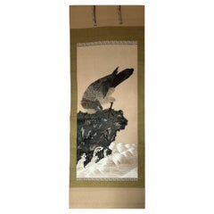 Japanese Embroidered Silk Hanging Scroll Depicting a Hawk (Taka no Zu), Signed