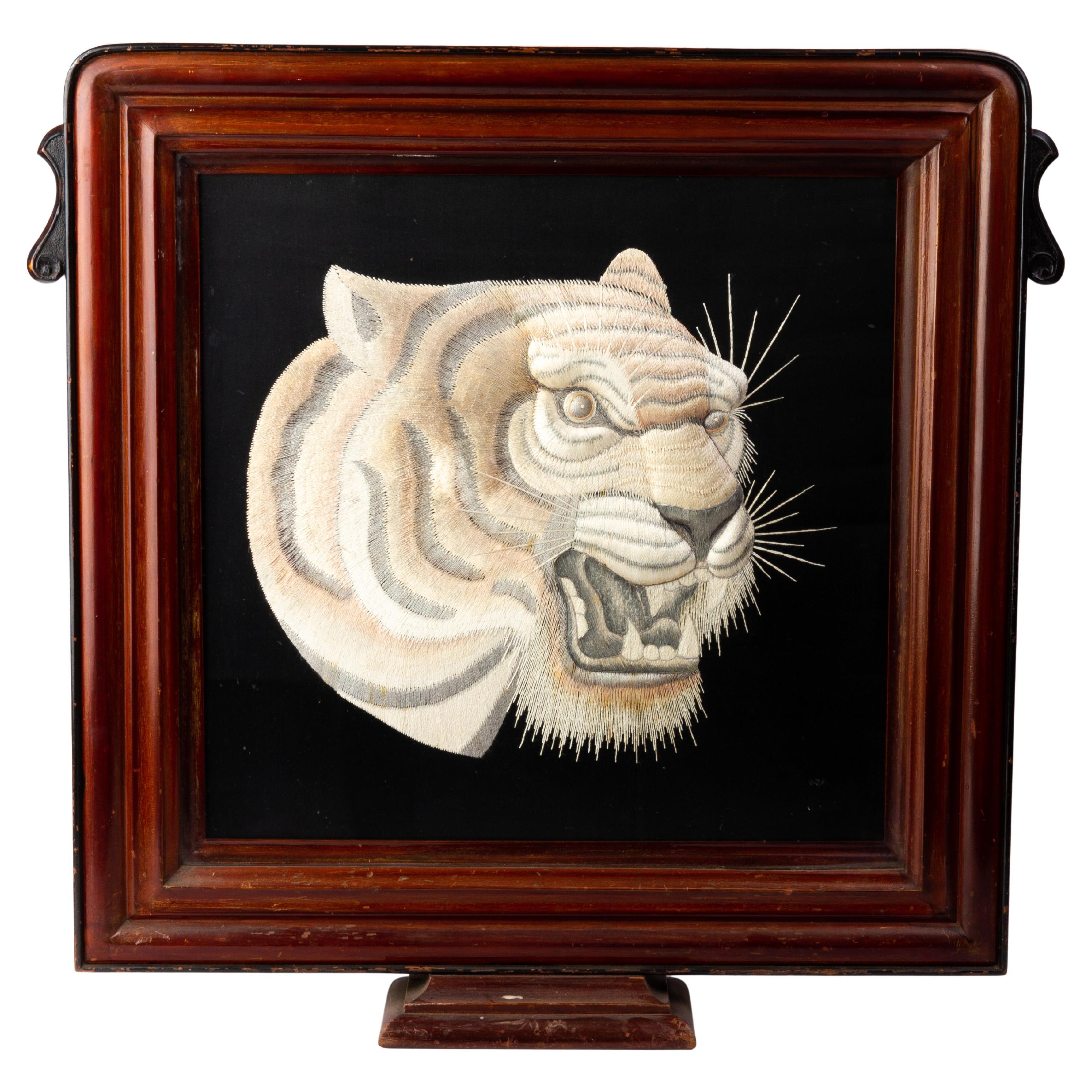 Japanese Embroidered Silk Screen Panel of a Tiger Meiji  For Sale