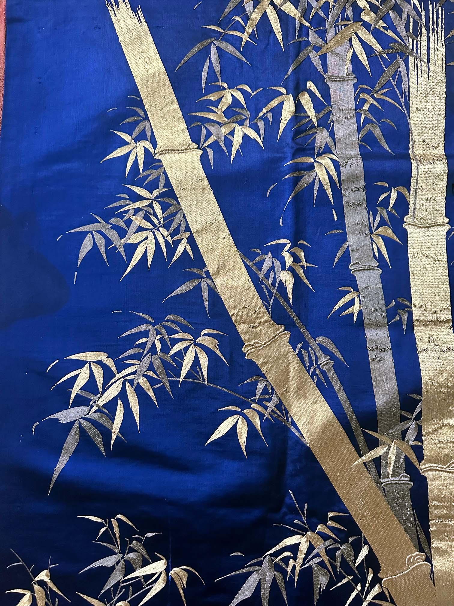 Embroidered Japanese Embroidery Silk Bamboo Fukusa Meiji Period For Sale