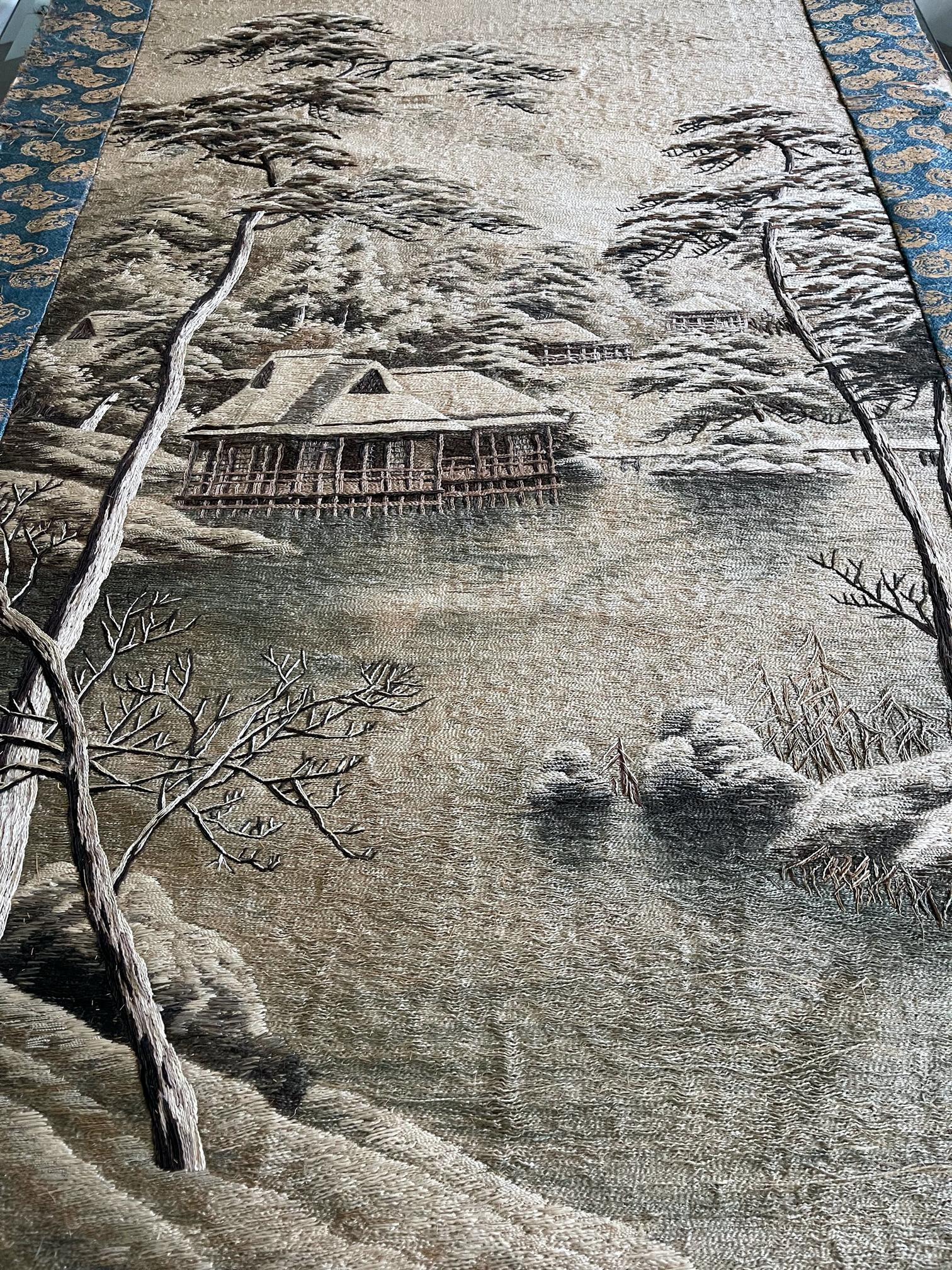 Japonisme Japanese Embroidery Textile Panel Winter Lanscape