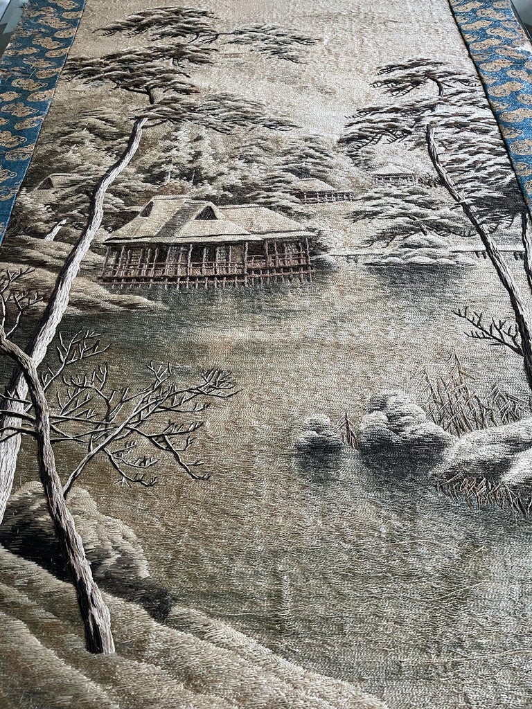 Japonisme Japanese Embroidery Textile Panel Winter Lanscape For Sale