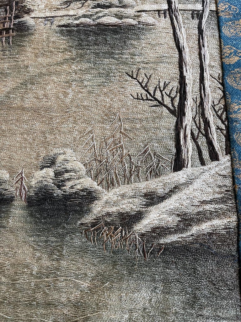 20th Century Japanese Embroidery Textile Panel Winter Lanscape For Sale