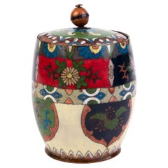 Antique Japanese Enamel Cloisonne Lidded Barrel Jar Meiji 19th Century 