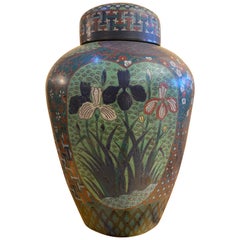 Japanese Enamel Vase with Owl and Irises