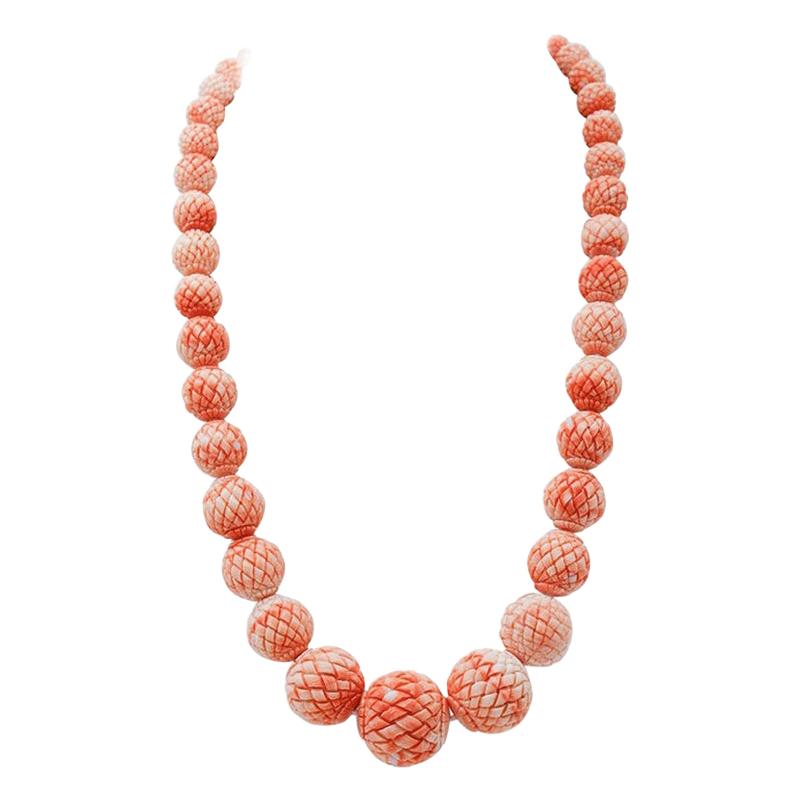 Japanese Engraved Coral, Rose Gold Closure Beaded Necklace For Sale