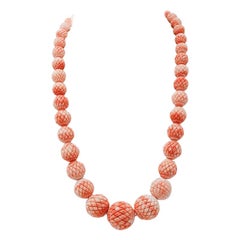 Vintage Japanese Engraved Coral, Rose Gold Closure Beaded Necklace