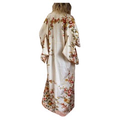 Japanese Ercu with Red Flowers Silk Furisode Vintage Kimono