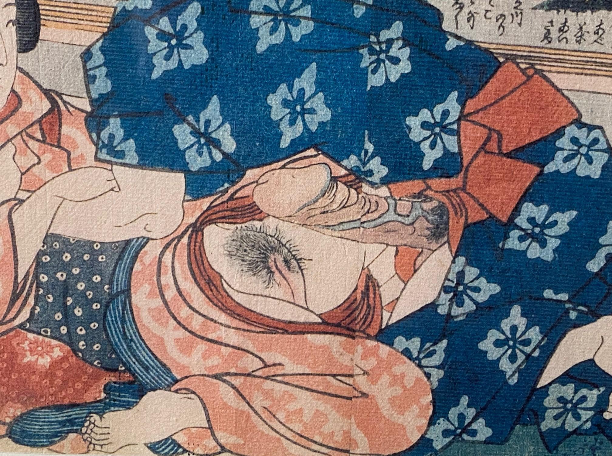 Gravure japonaise érotique sur bois Shunga de la période Edo encadrée représentant un couple, 19e siècle en vente 4