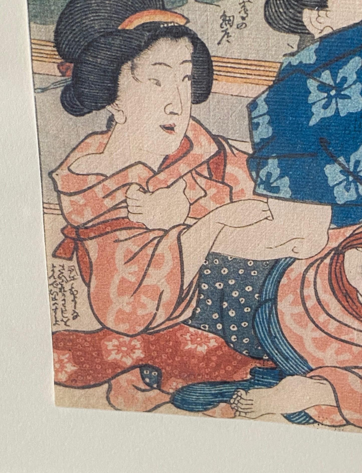 Gravure japonaise érotique sur bois Shunga de la période Edo encadrée représentant un couple, 19e siècle en vente 8