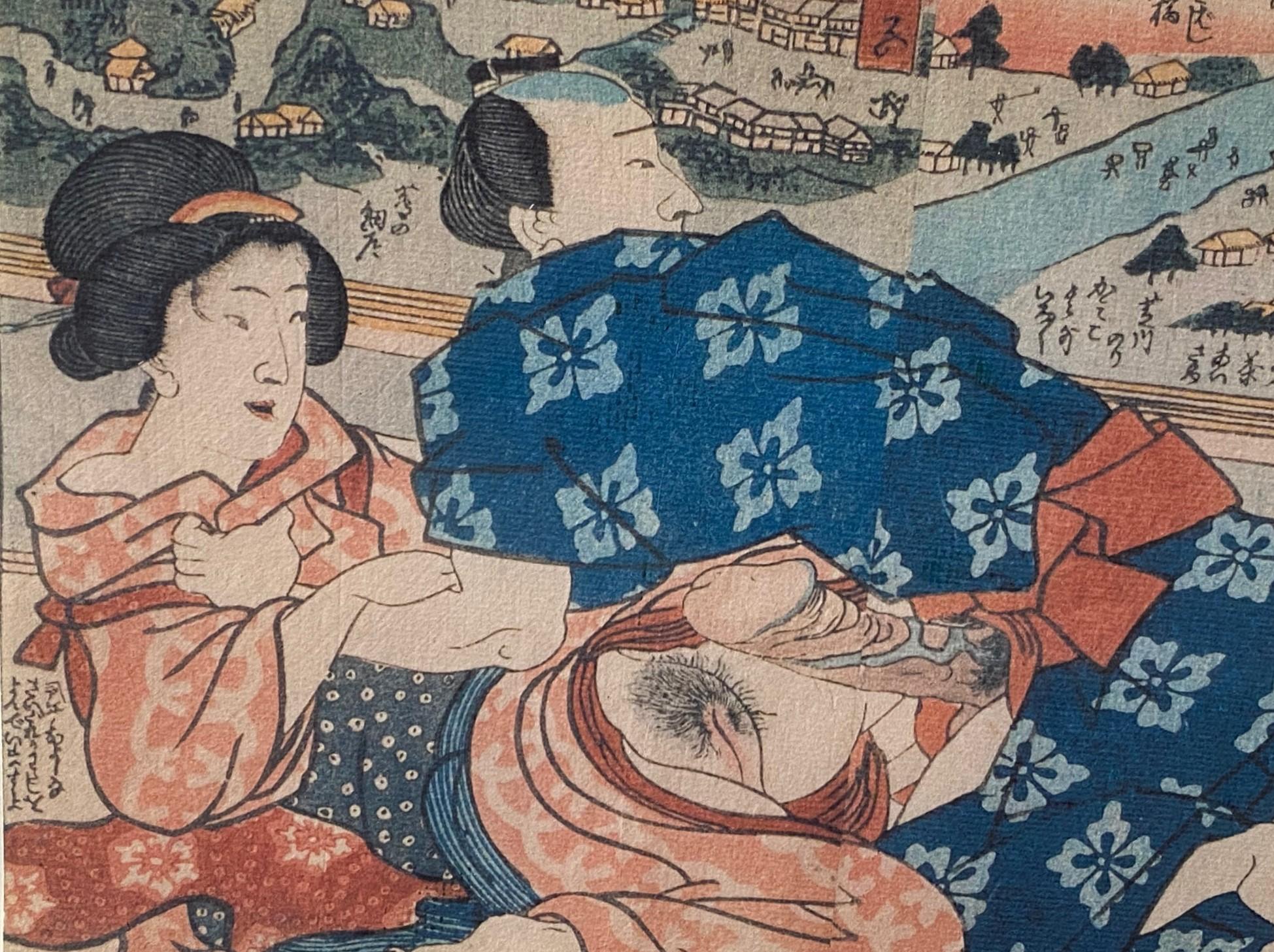 Gravure japonaise érotique sur bois Shunga de la période Edo encadrée représentant un couple, 19e siècle en vente 12