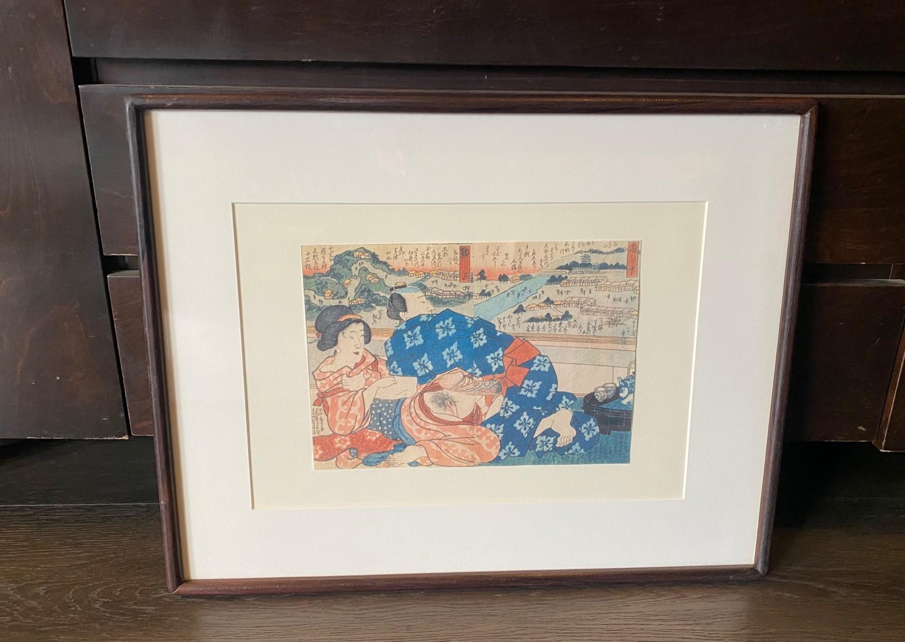 Une magnifique estampe japonaise Shunga très érotique.  Cette œuvre est probablement de la main du célèbre artiste Ukiyo-e Utagawa Kunisada 1786-1865 (également connu sous le nom d'Utagawa Toyokuni III) et a été créée pendant la période Edo