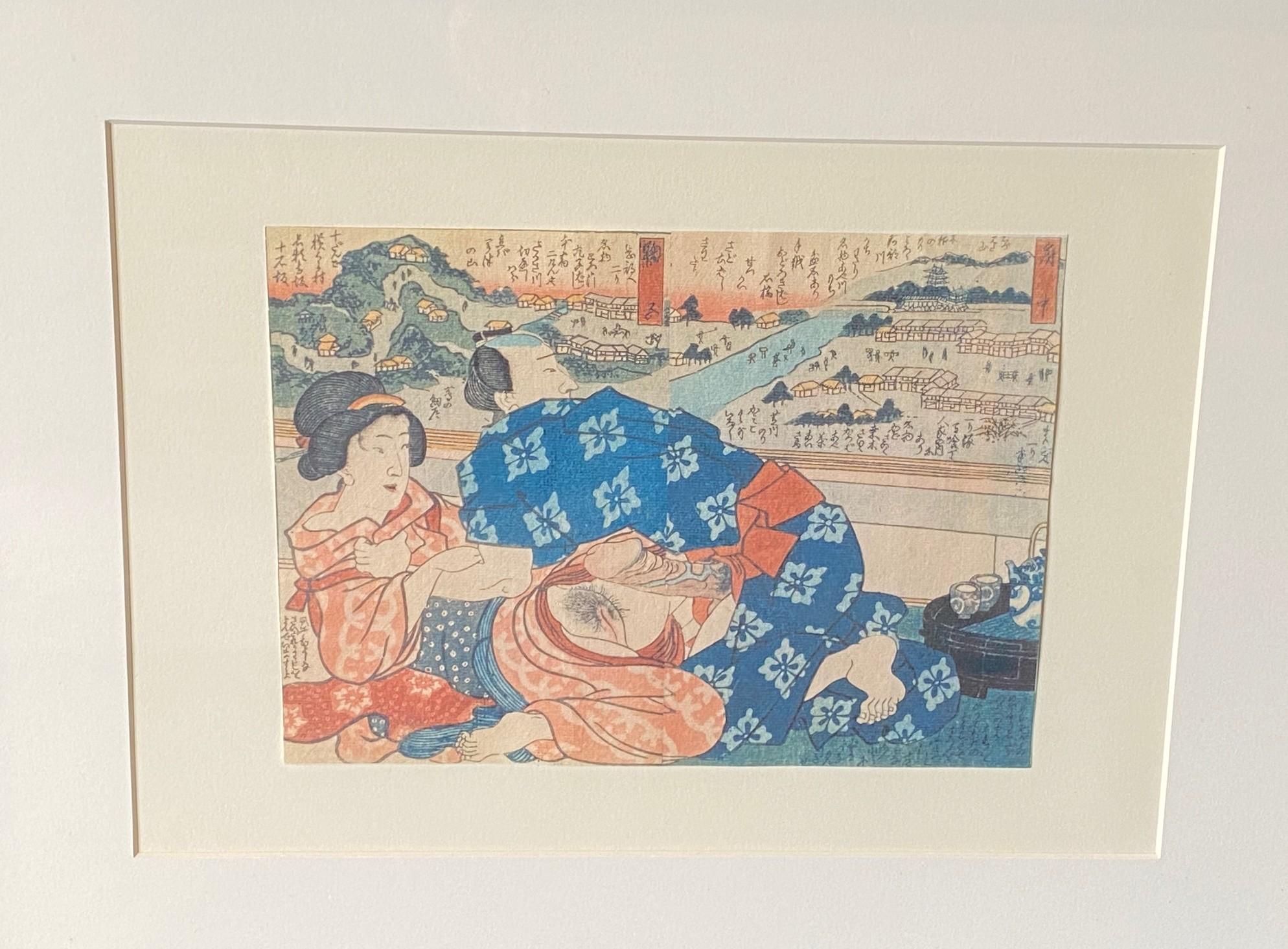 Japonais Gravure japonaise érotique sur bois Shunga de la période Edo encadrée représentant un couple, 19e siècle en vente