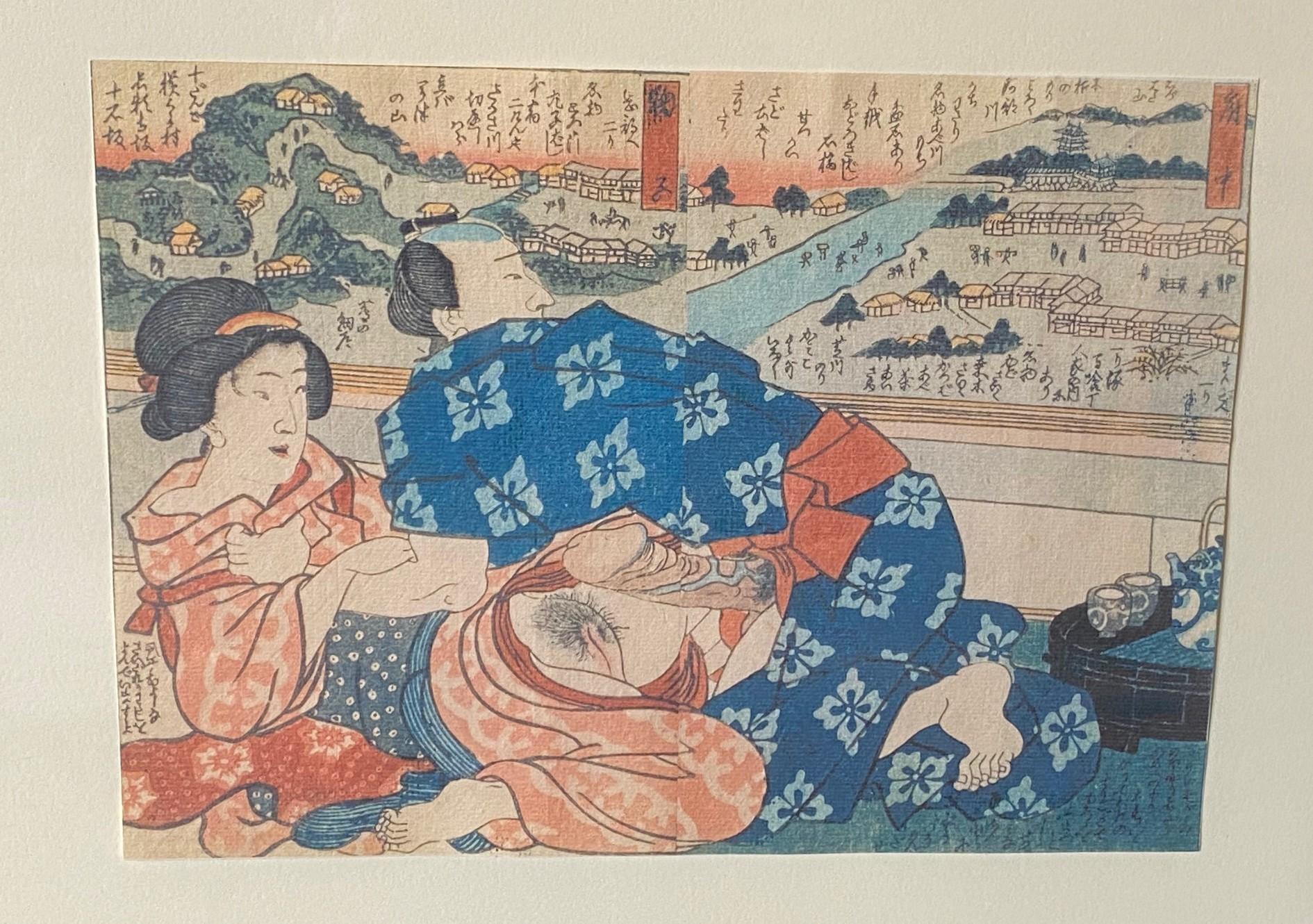 Gravure japonaise érotique sur bois Shunga de la période Edo encadrée représentant un couple, 19e siècle Bon état - En vente à Studio City, CA