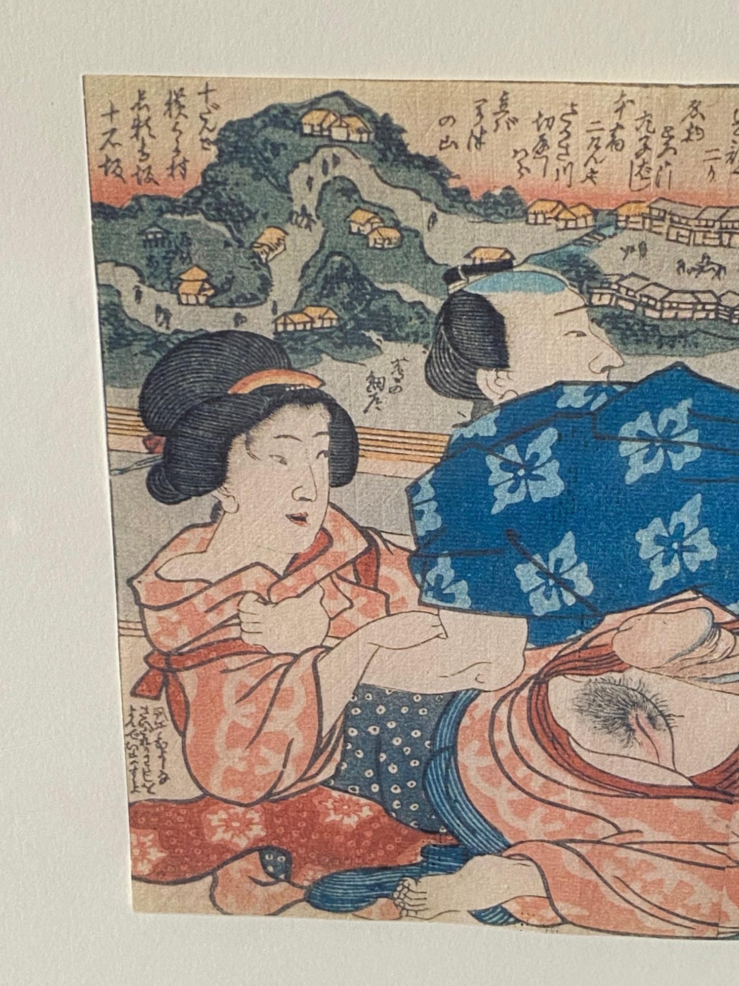 XIXe siècle Gravure japonaise érotique sur bois Shunga de la période Edo encadrée représentant un couple, 19e siècle en vente