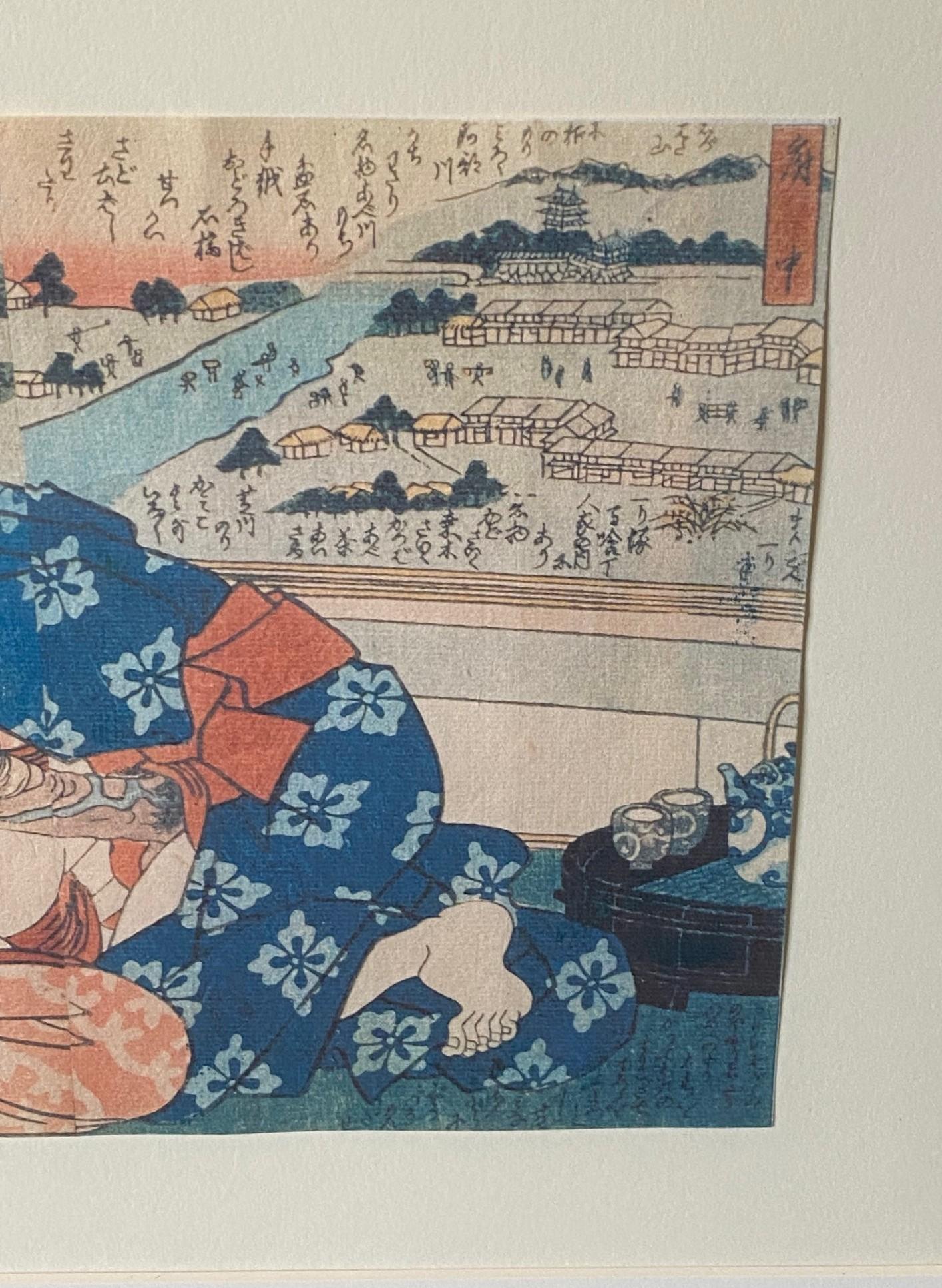 Gravure japonaise érotique sur bois Shunga de la période Edo encadrée représentant un couple, 19e siècle en vente 1