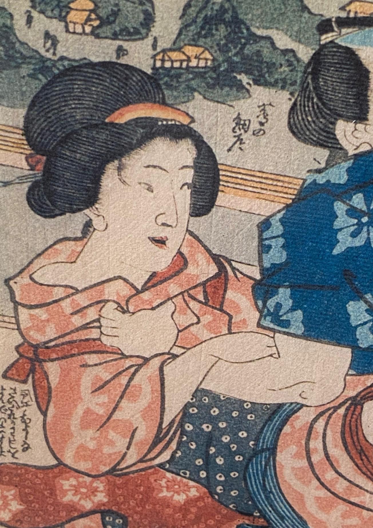 Gravure japonaise érotique sur bois Shunga de la période Edo encadrée représentant un couple, 19e siècle en vente 2