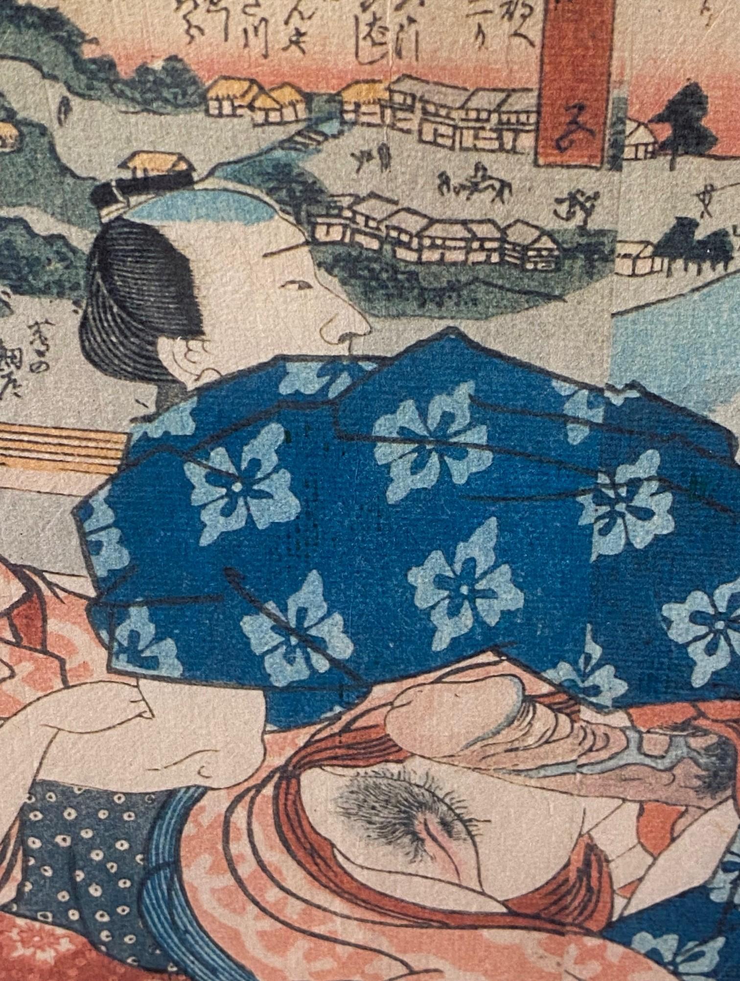 Gravure japonaise érotique sur bois Shunga de la période Edo encadrée représentant un couple, 19e siècle en vente 3