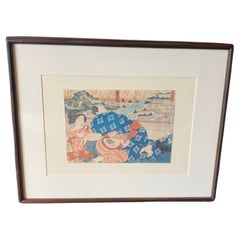 Japanese Erotic Framed Edo Period Shunga Woodblock Print of Couple, 19th Century