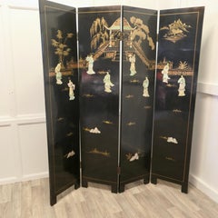 Japanese Etched Lacquer and Painted Folding Screen