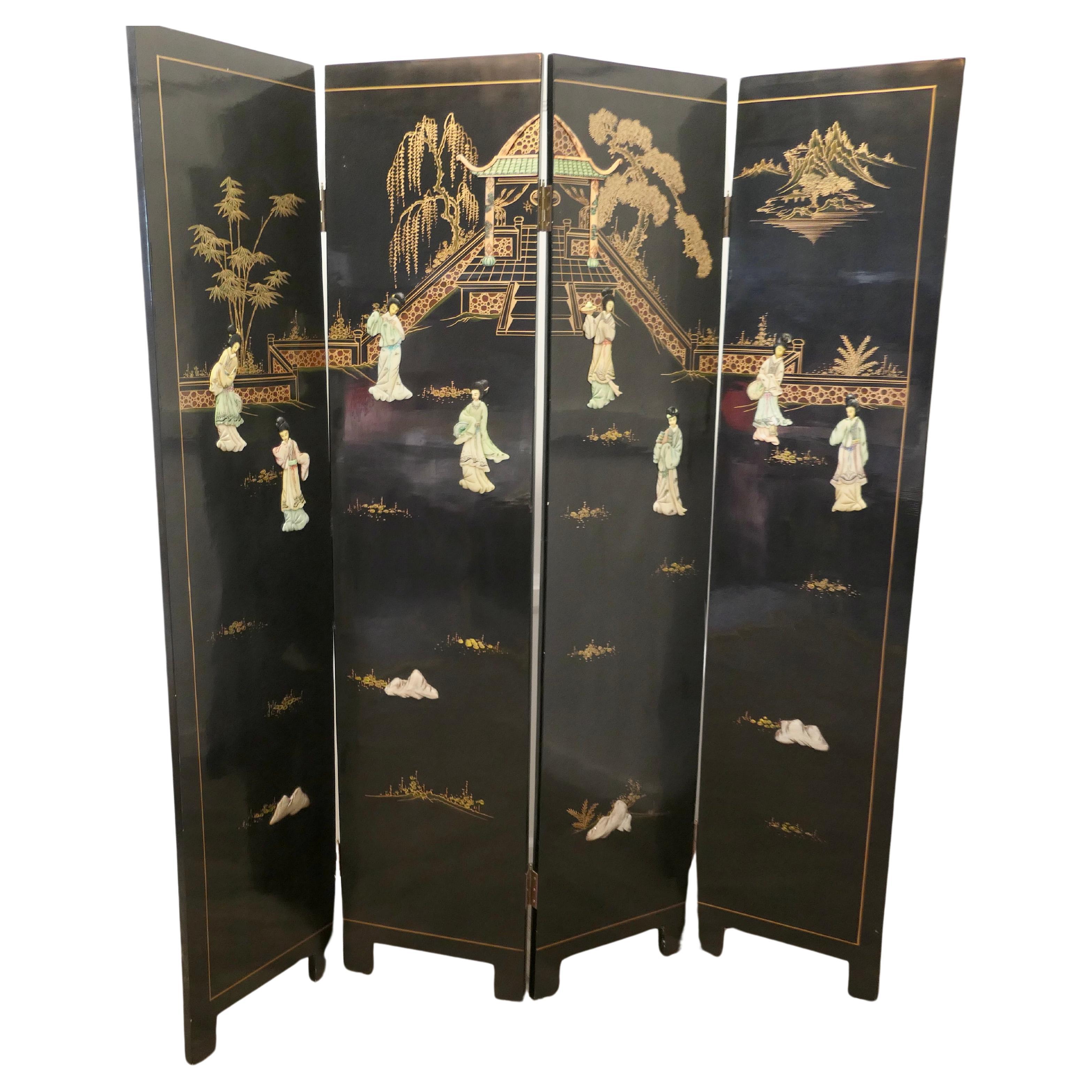 Japanese Etched Lacquer and Painted Folding Screen
