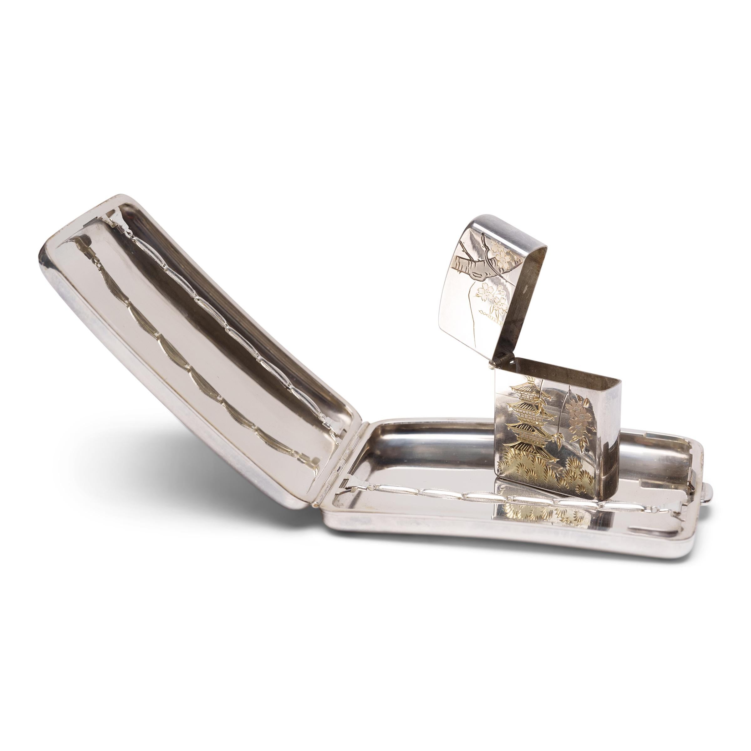 Japanese Etched Silver Cigarette Case & Lighter In Good Condition For Sale In Chicago, IL