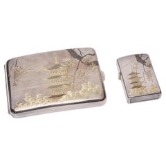 Japanese Etched Silver Cigarette Case & Lighter