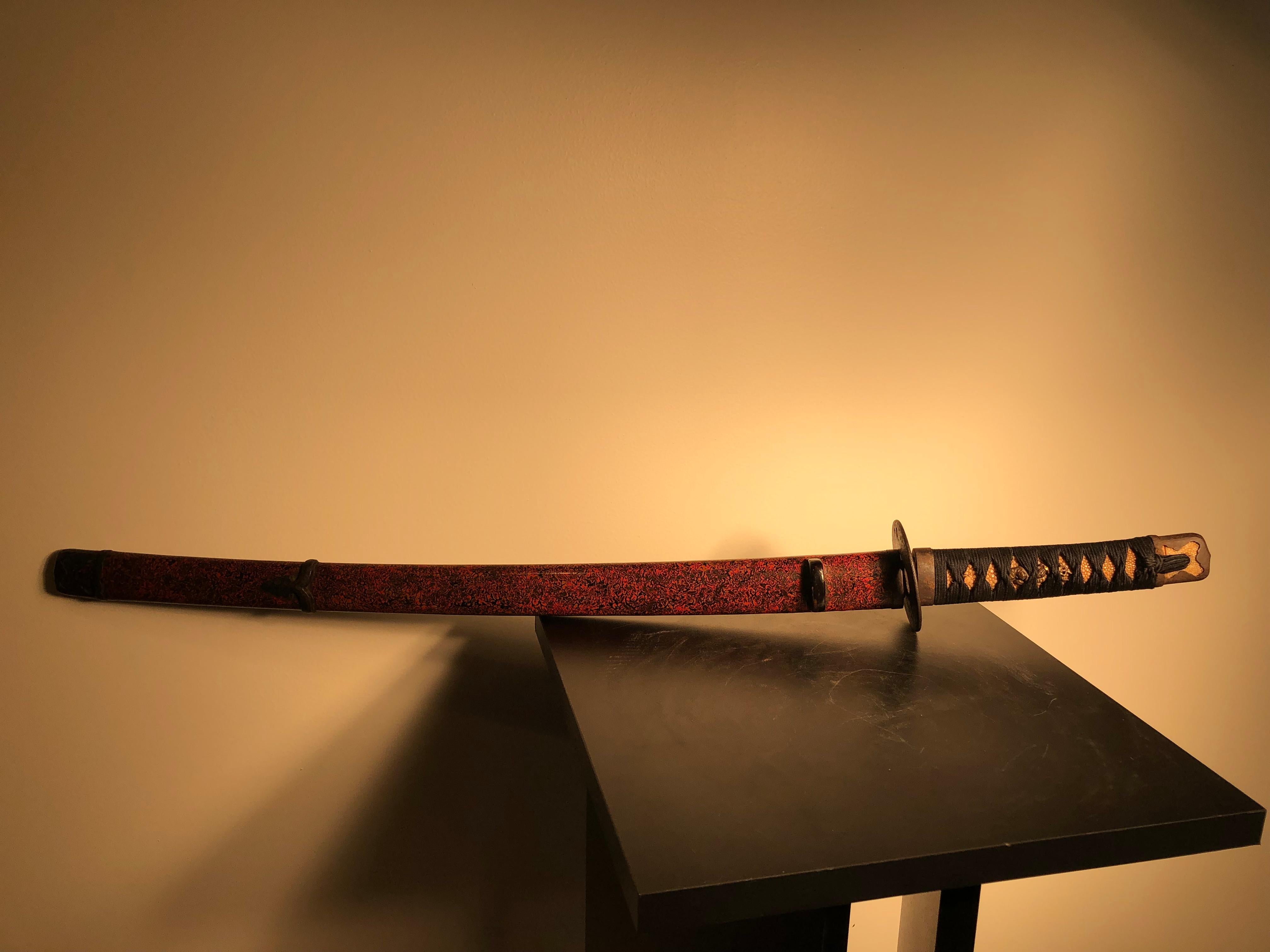 Edo Japanese Exceptional Antique Samurai Sword Saya Scabbard Red Nuri Lacquer