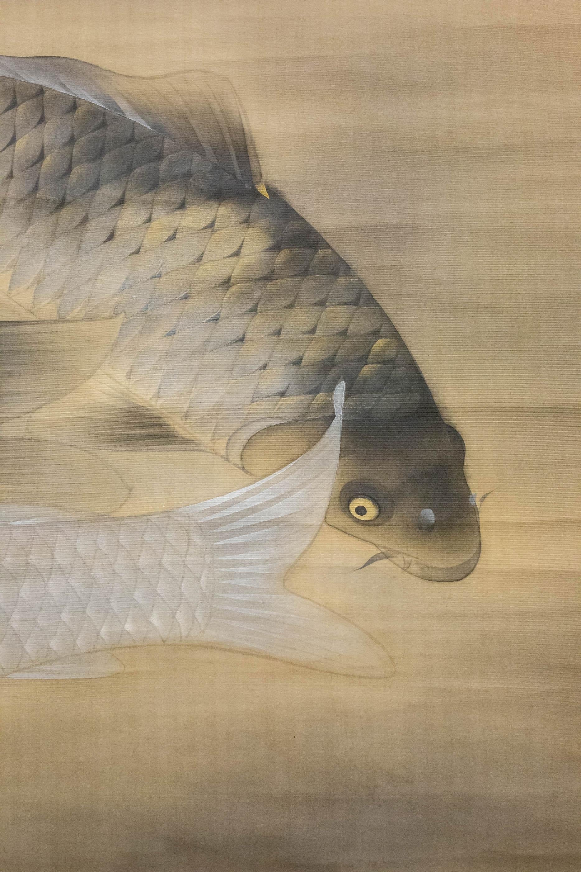 Japanese Exhibition Hall Scroll: Swimming Carp In Good Condition In Hudson, NY