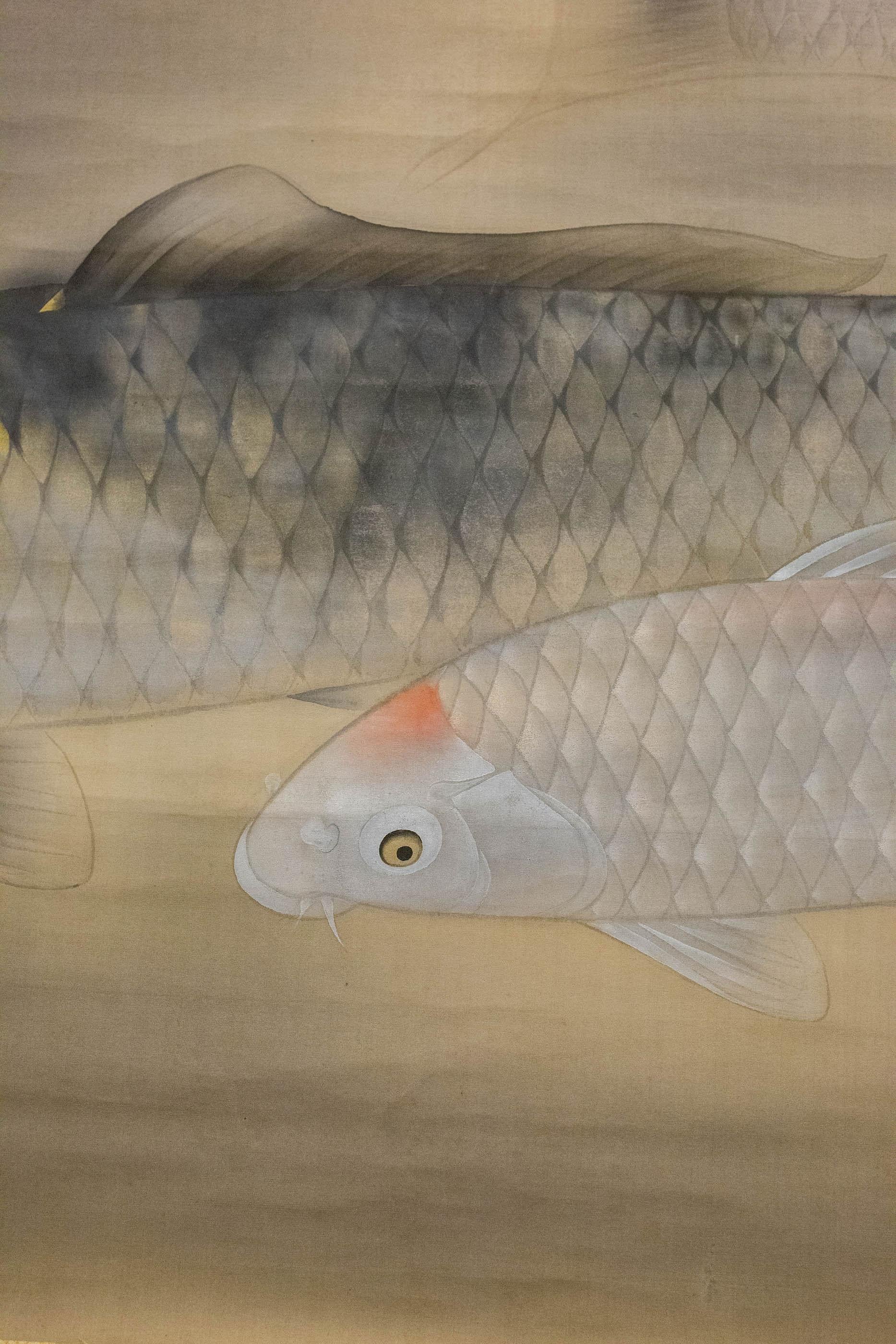 Mid-20th Century Japanese Exhibition Hall Scroll: Swimming Carp