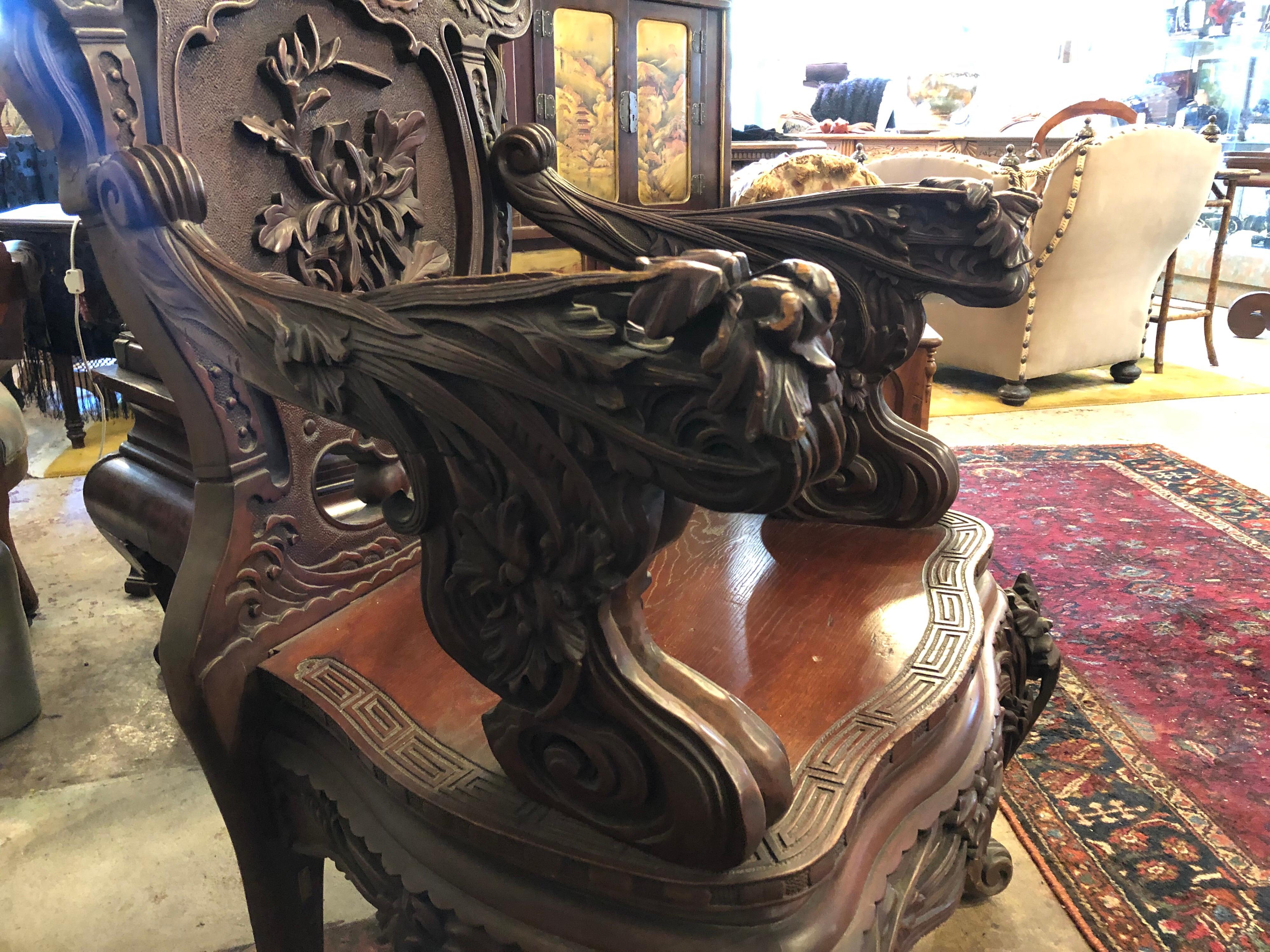 Anglo-Japanese Japanese Export Highly Carved Dragon Chair