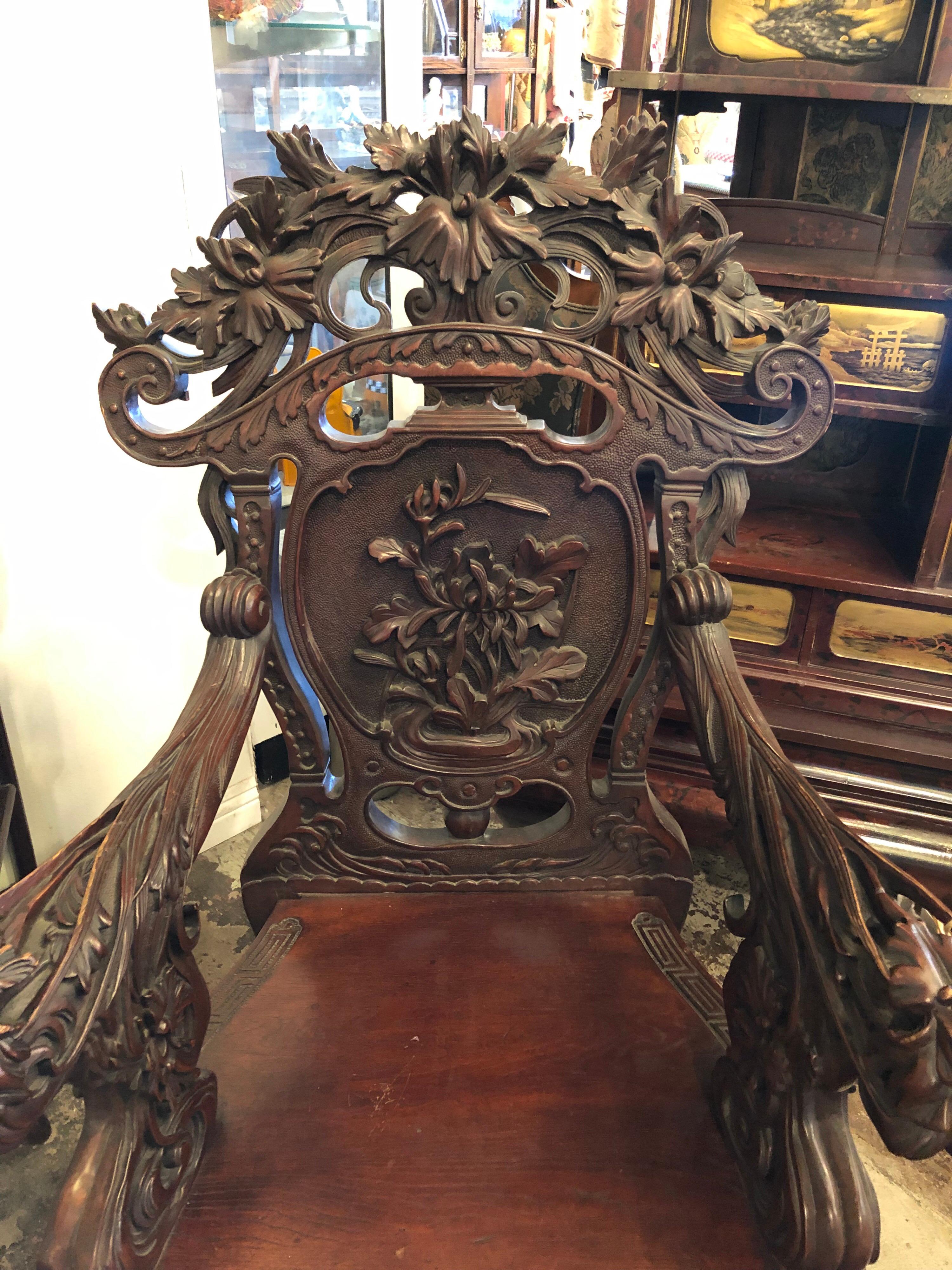 Japanese Export Highly Carved Dragon Chair In Good Condition In Los Angeles, CA