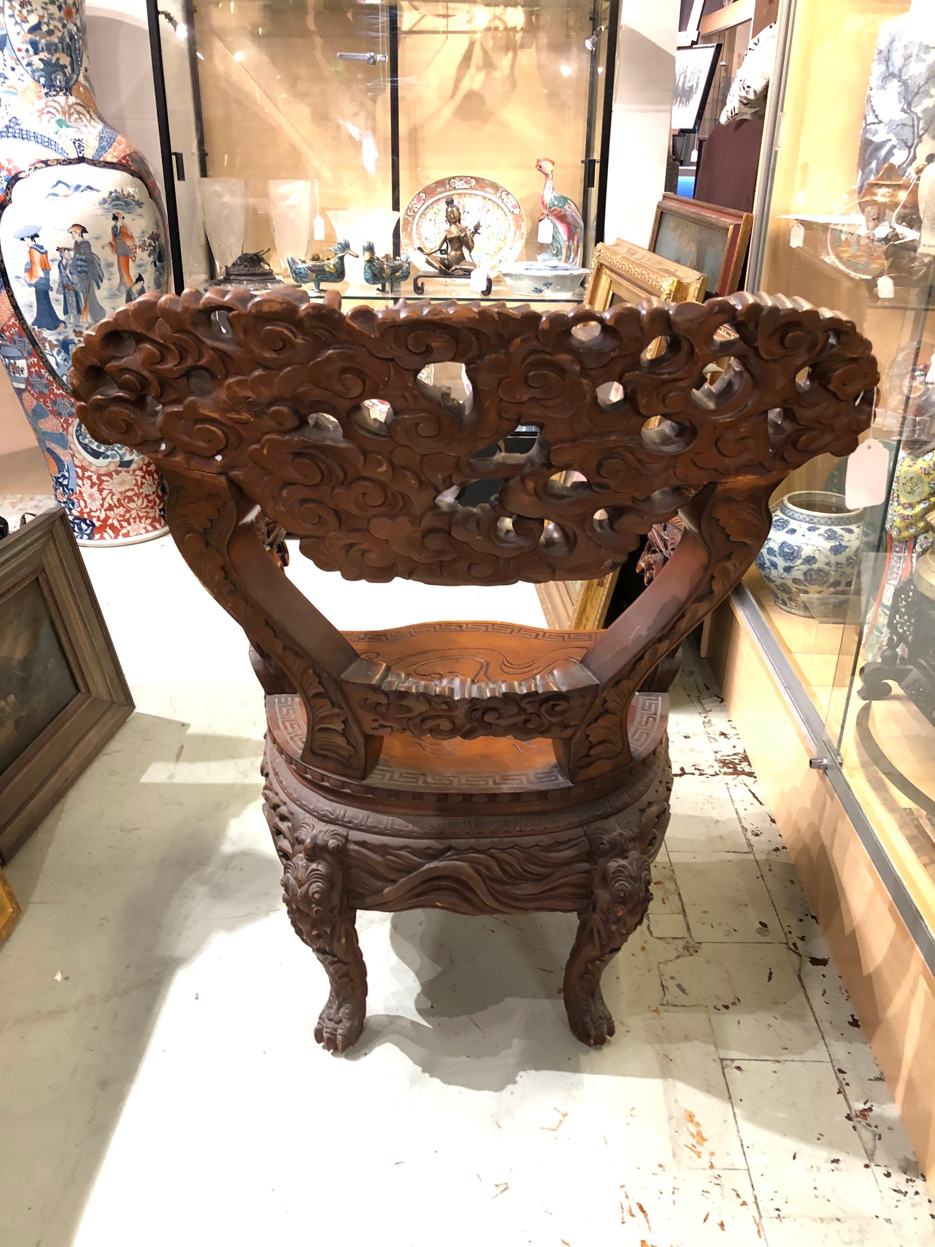 Hardwood Japanese Export Highly Carved Dragon Chair