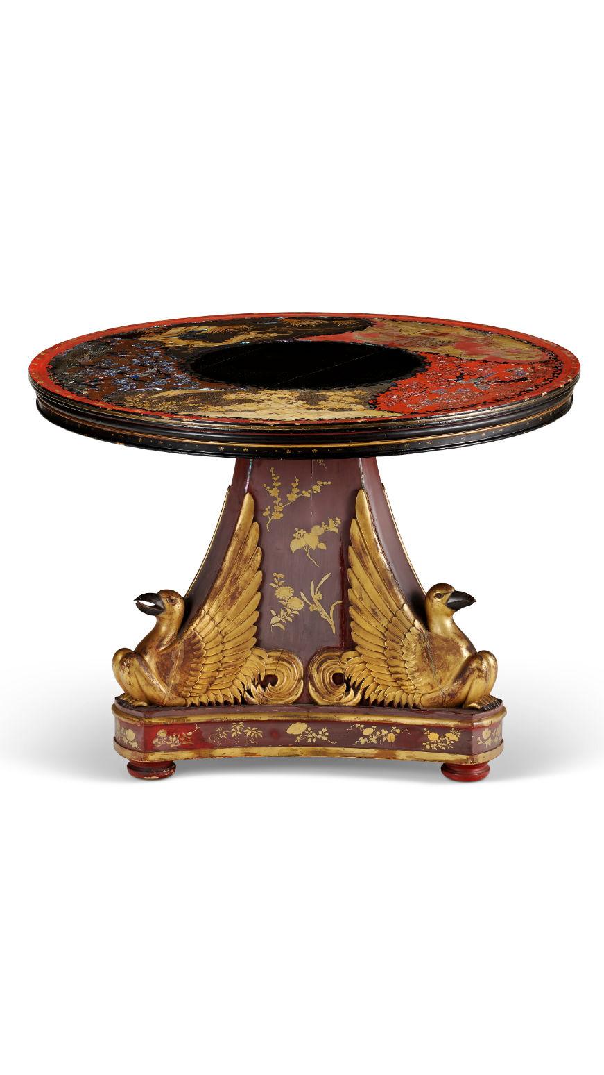 Our unique table has a round Japanese top distinguished by its Nagasaki raden inlaid designs of peacocks, pheasants and cranes among flower branches. It is mounted on a tripod shaped pedestal of northern European origin, likely Swedish or German,