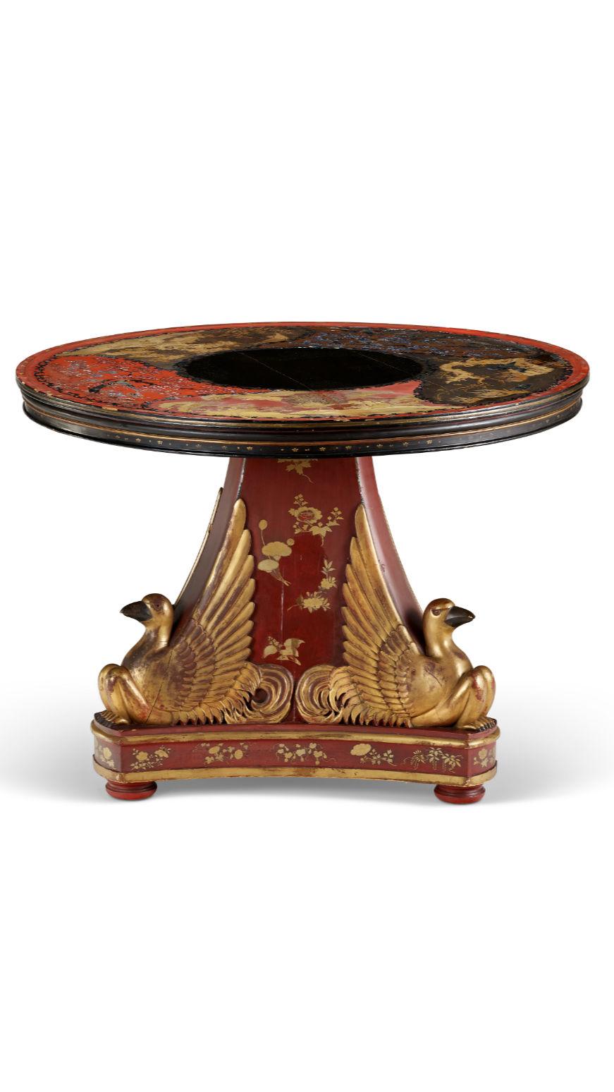 Gilt Japanese Export Red Lacquer Center Table with European Pedestal