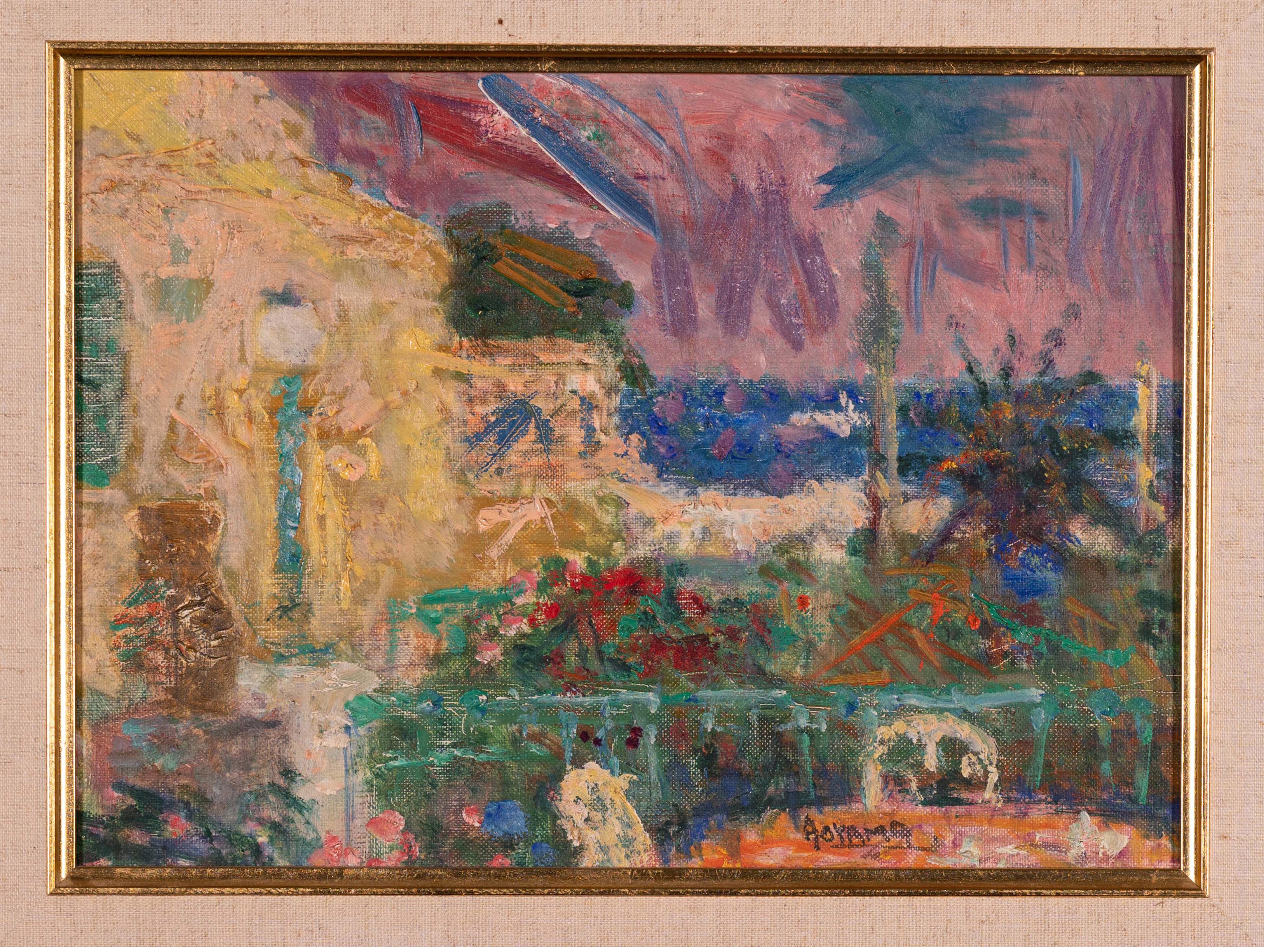 An expressionist oil painting of a seaside view from a balcony in carved gilded frame.
It is signed on the bottom right hand corner Aoyama.
Signed Aoyama circa 1960s-1970s
Frame measures 16 x 19 1/4 inches
Painting measures 9 1/2 x 13 inches
This