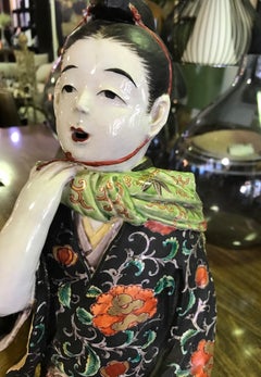 Japanese Exquisite Large Kutani Ware Porcelain Figure of Boy Late 1800s Meiji