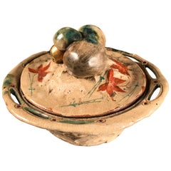 Japanese Extraordinary Antique Hand-Glazed "Mushroom and Maple Leaf" Gilt Bowl
