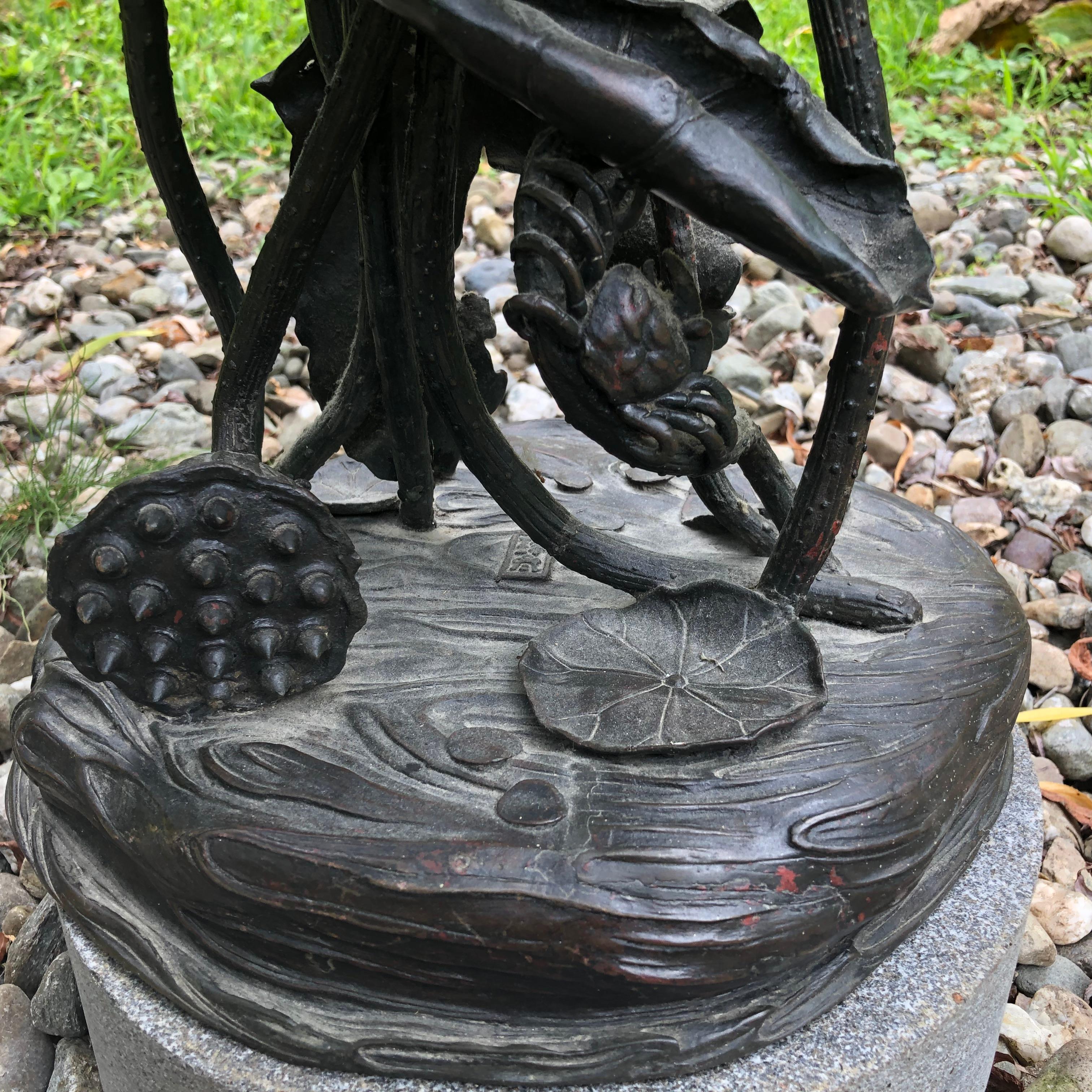 Japanese Extraordinary Bronze Art Nouveau Garden Lantern Crab, Turtle, & Crane 5
