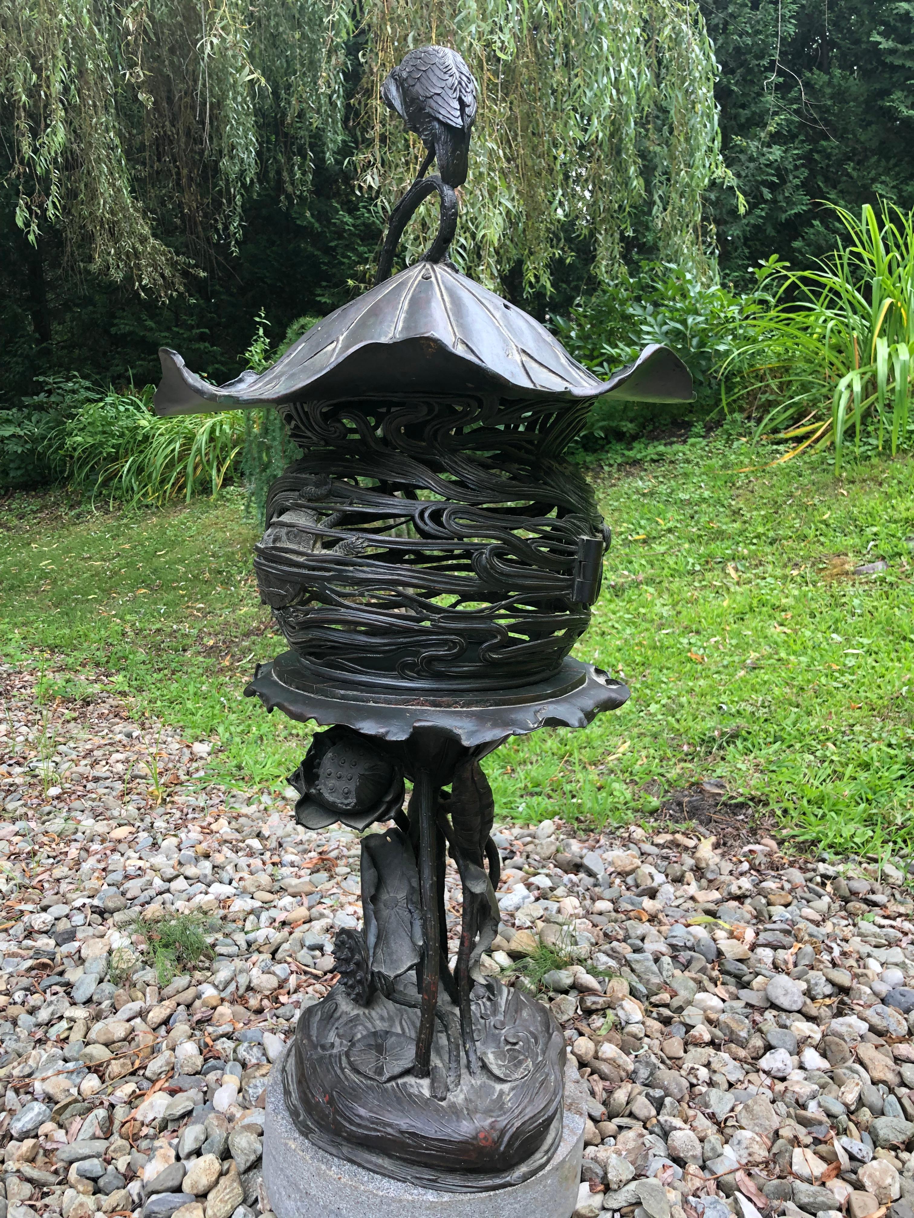 Japanese Extraordinary Bronze Art Nouveau Garden Lantern Crab, Turtle, & Crane 7