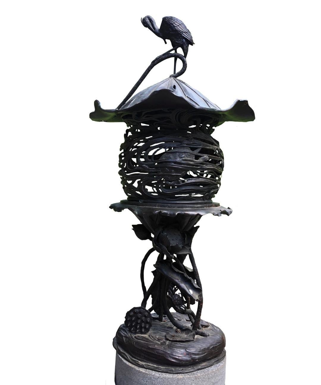 Japanese Extraordinary Bronze Art Nouveau Garden Lantern Crab, Turtle, & Crane 10