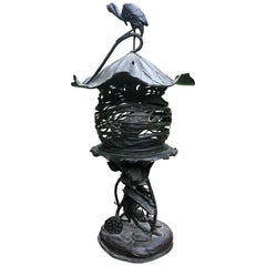 Japanese Extraordinary Bronze Art Nouveau Garden Lantern Crab, Turtle, & Crane